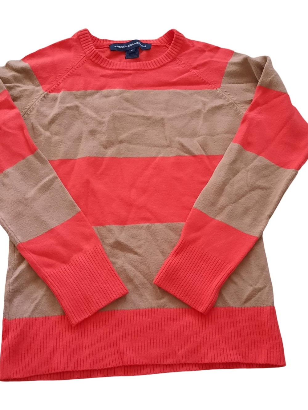 French Connection Coral and Tan Striped Crewneck Sweater